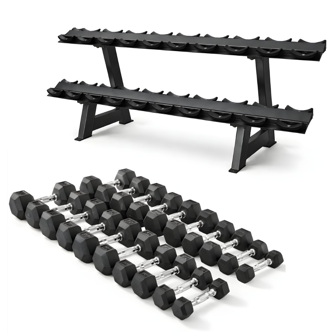 Hex Dumbbell Set - 2 to 20KG with Dumbbell Rack