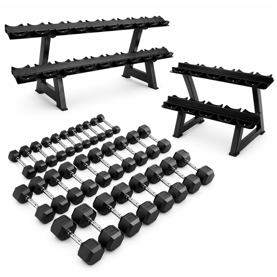 Hexa Dumbbell Set - 2 to 30KG with 2-Tier Rack