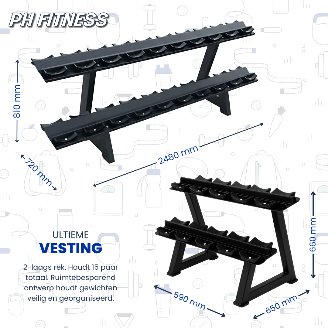 Hexa Dumbbell Set - 2 to 30KG with 2-Tier Rack