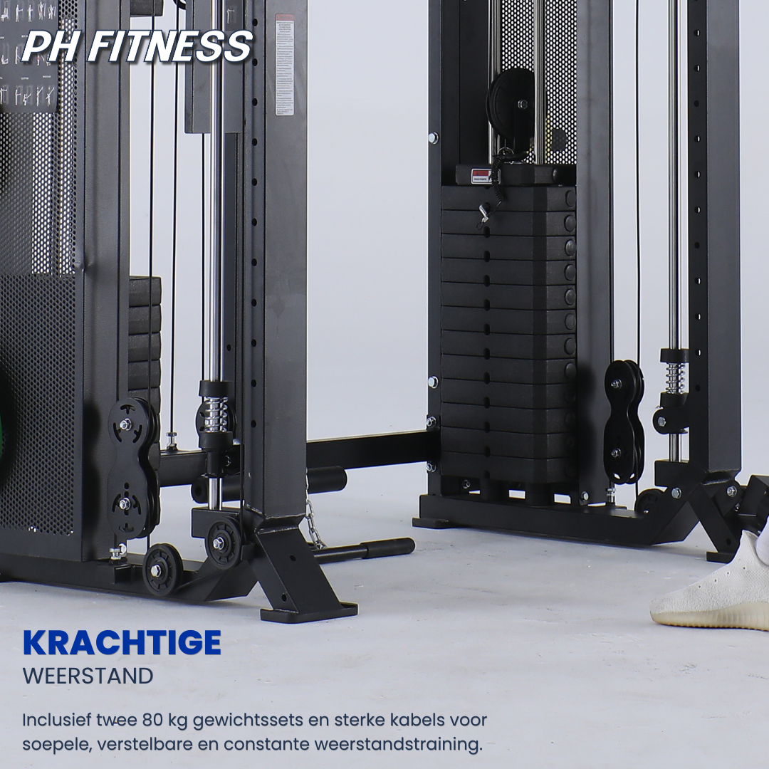 Detail van twee 80 kg gewichtstapels, kabels en pulleys van het PH Fitness Apex Pro Rack