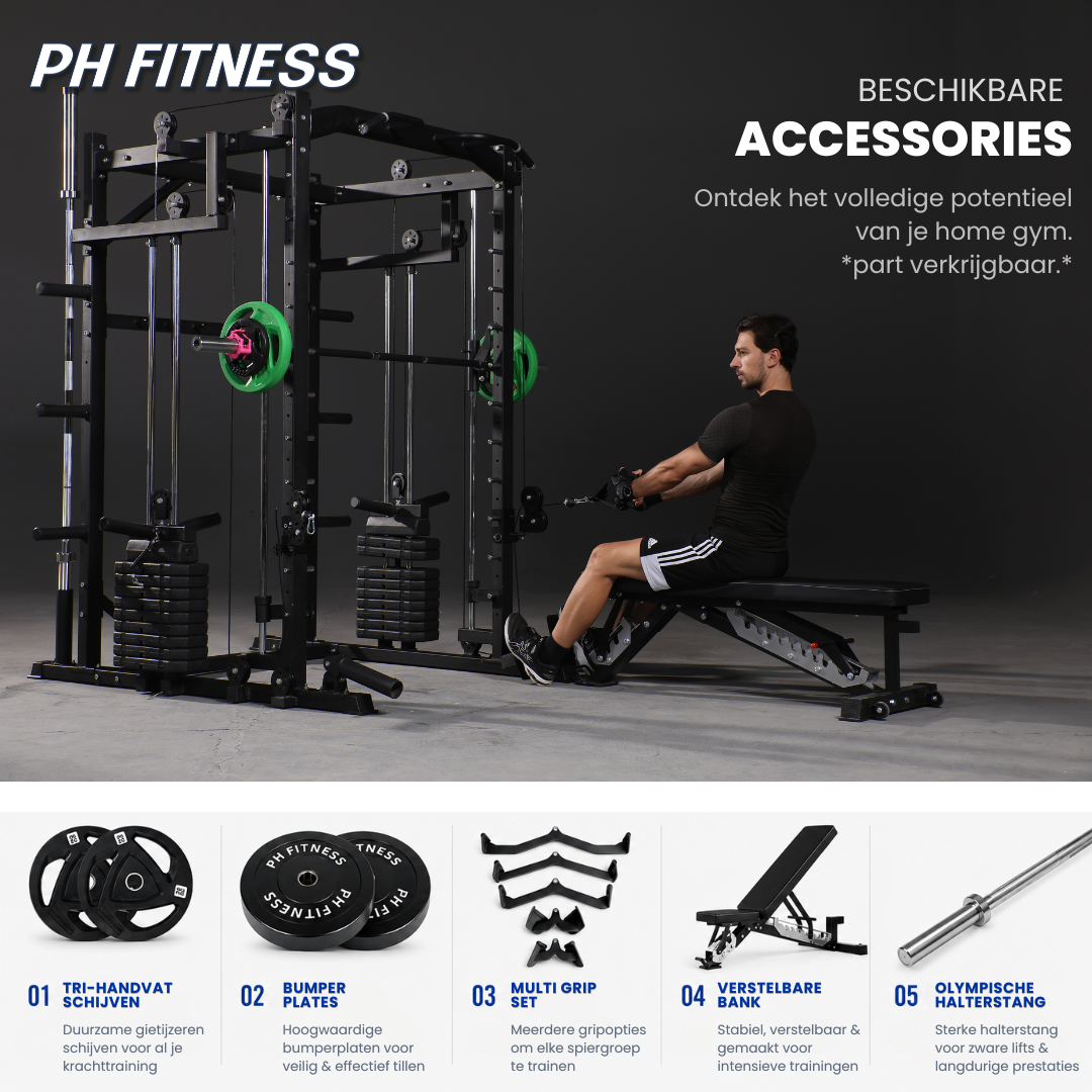 PH Fitness Premium Series Power Rack K1S met twee gewichtstapels, halterbank en getoonde accessoires