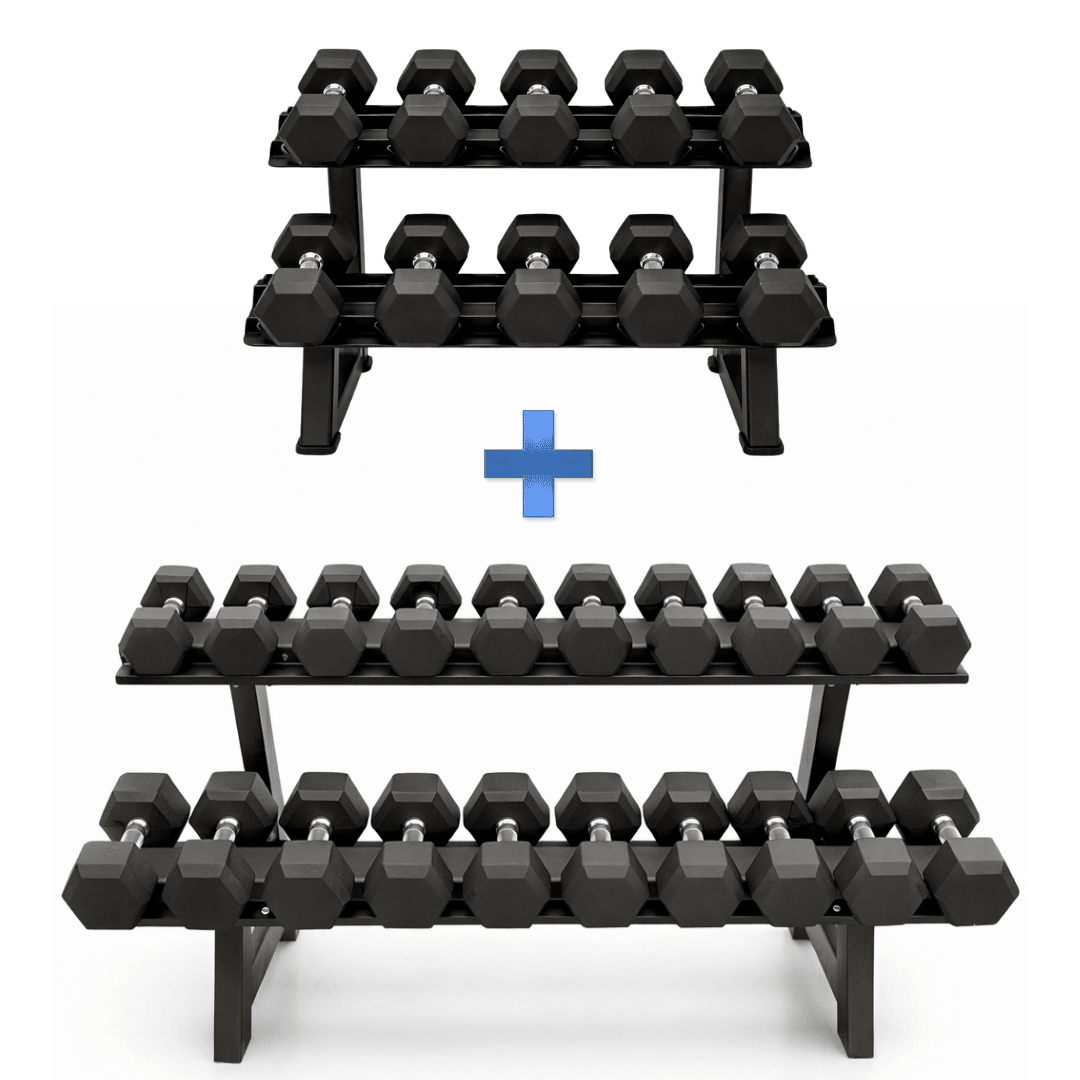 Rubber hex dumbbell set with heavy duty 2 tier storage rack bundle for home gym and commercial fitness training setup