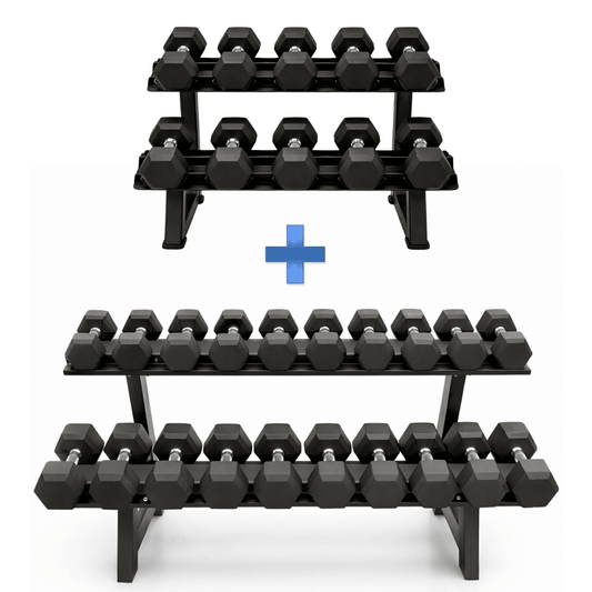 Rubber hex dumbbell set with heavy duty 2 tier storage rack bundle for home gym and commercial fitness training setup