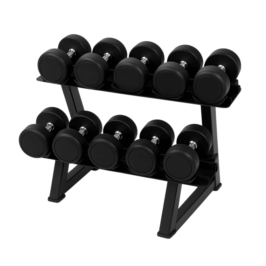 Professional weight set including a compact two-tier rack fully loaded with round rubber dumbbells.
