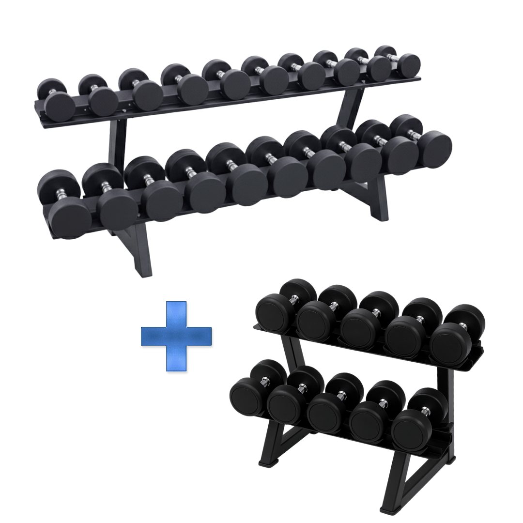 Fitness equipment bundle including a 2-tier storage rack and a complete set of rubber round dumbbells.