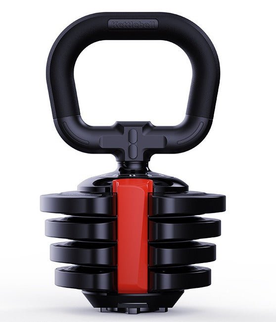 Verstelbare kettlebell met zwarte schijven en rode middenkolom