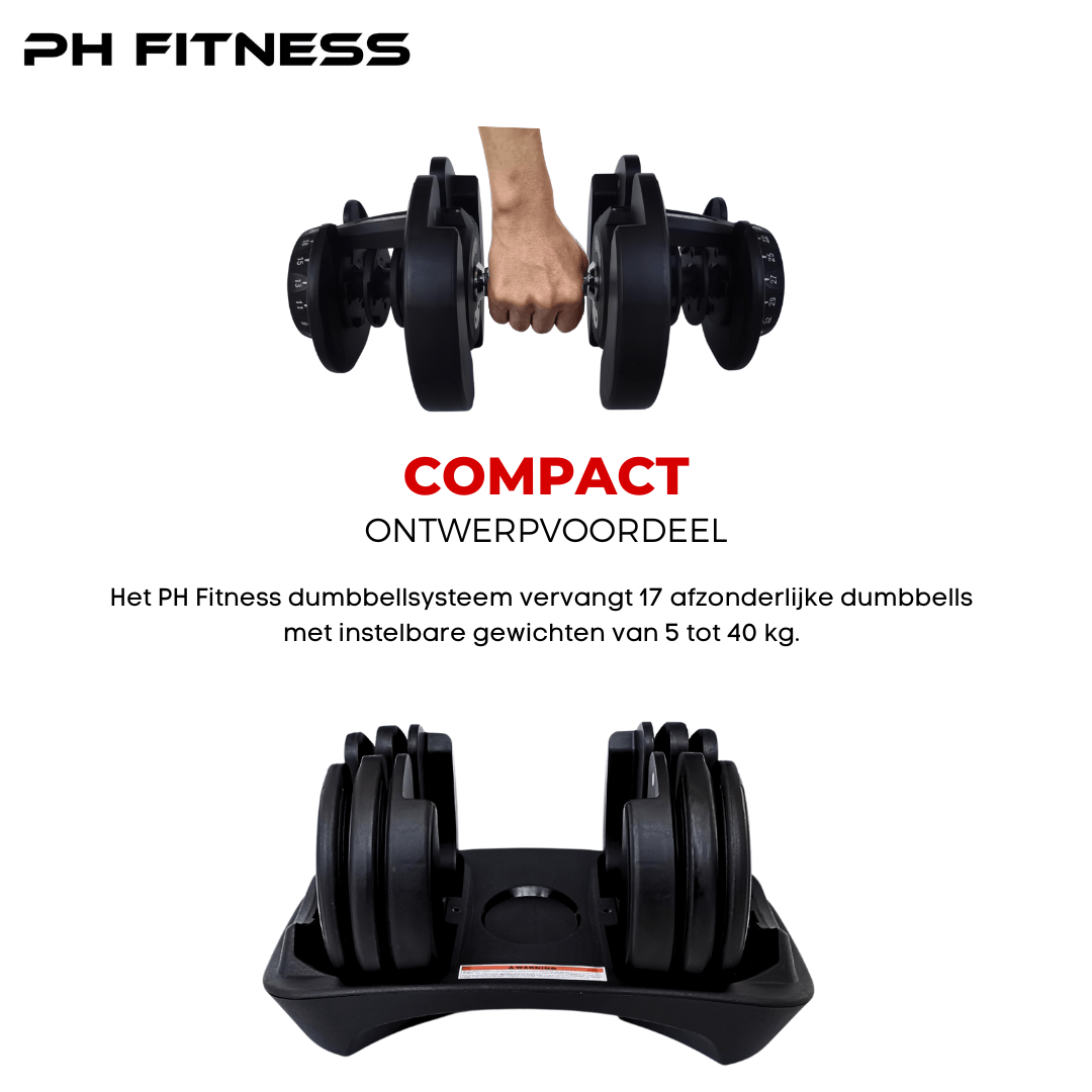 Sporter draagt twee PH Fitness Smart Series 40 kg dumbbells naast de opbergbases