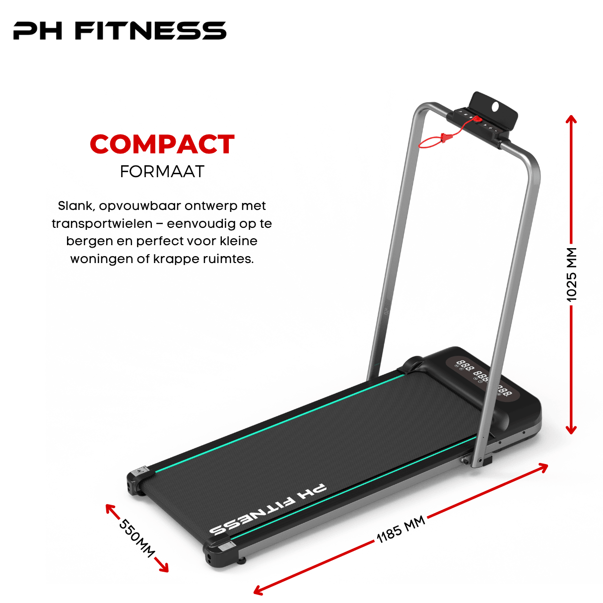 WP - 400 Opvouwbare Loopband – 1.5HP, 8km/u, Bluetooth App, 130kg Draagvermogen, 12 Programma’s - PH Fitness